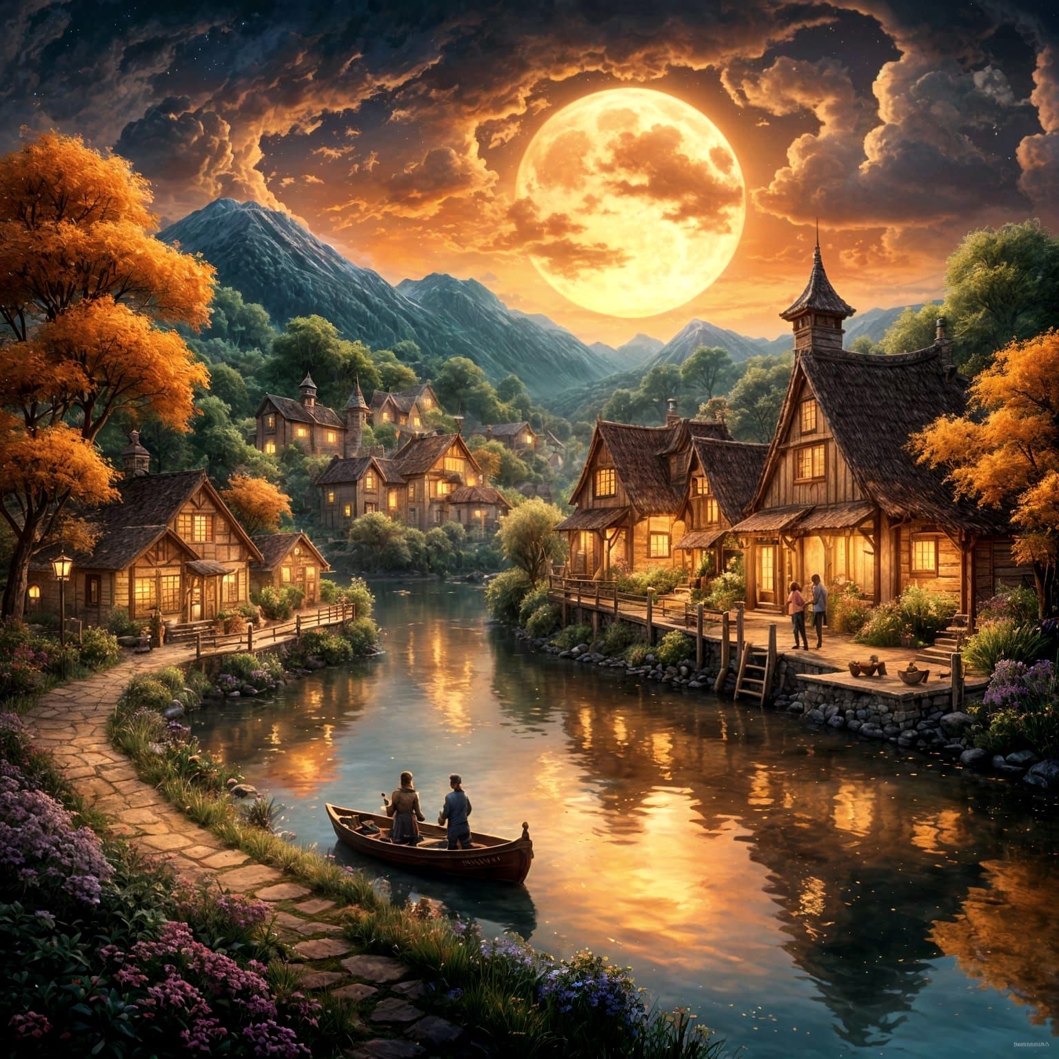 Serene Village at Night: A Matte Painting