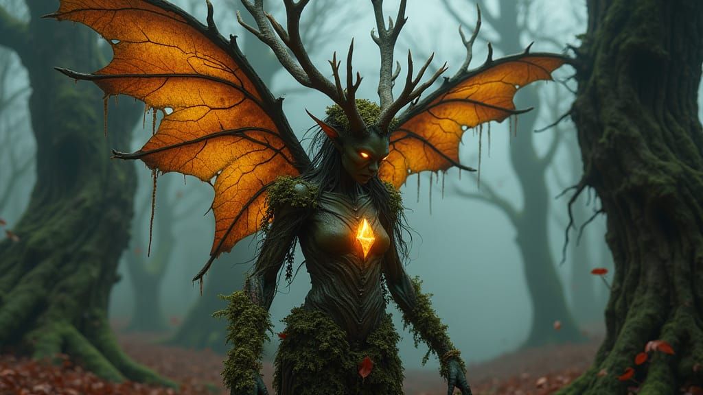 A fearsome, ancient nature treefairy dressed in bark with to...