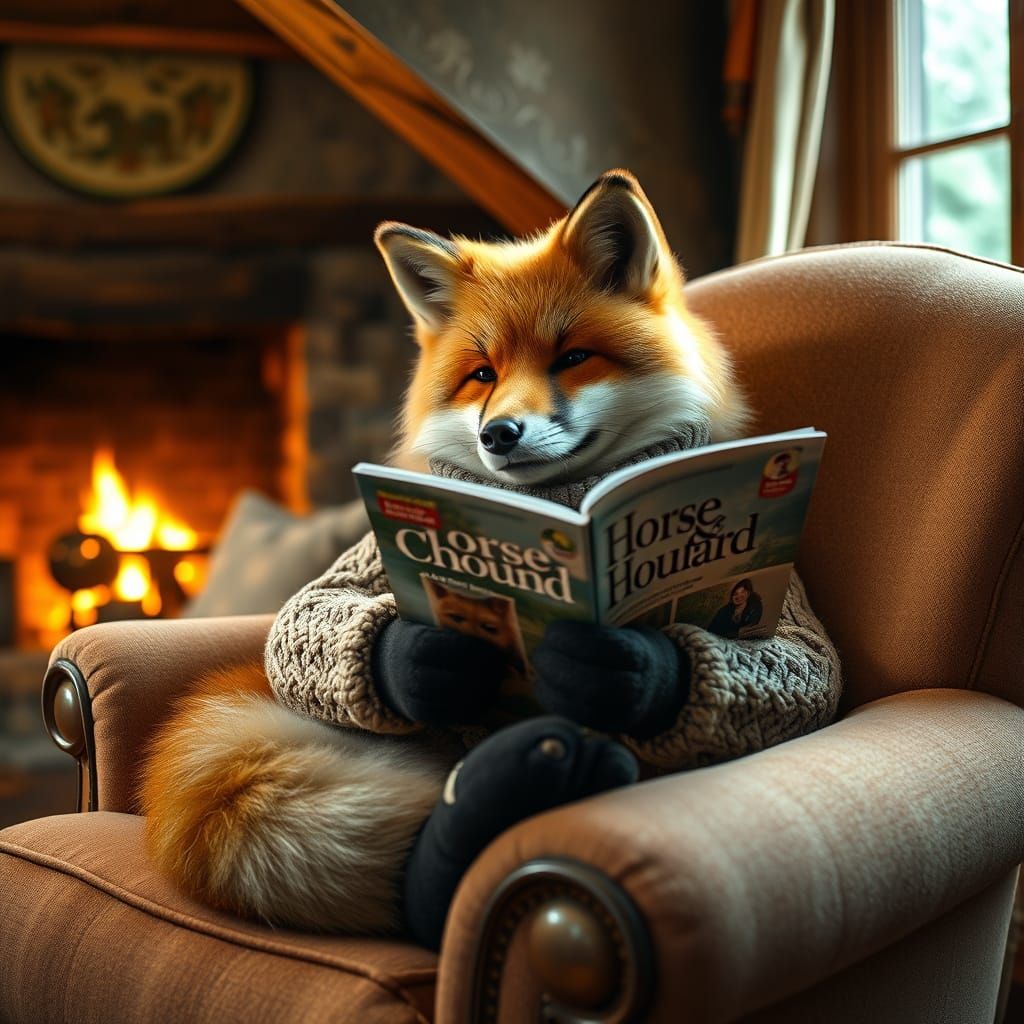 Fox in Sweater Reading Magazine: Whimsical Cottagecore Art