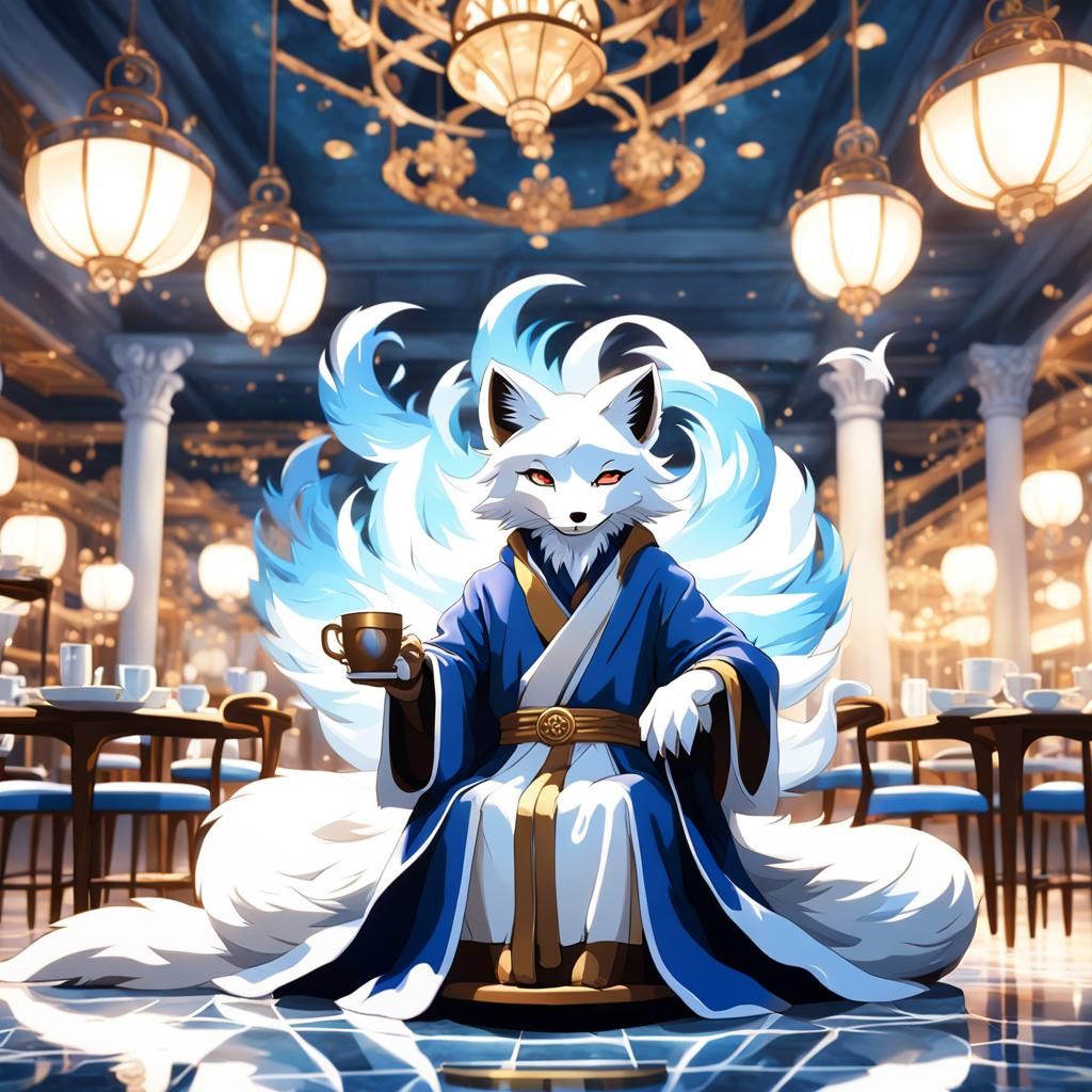 Nine-Tailed Fox in Cozy Cafe: Anime 3D Art