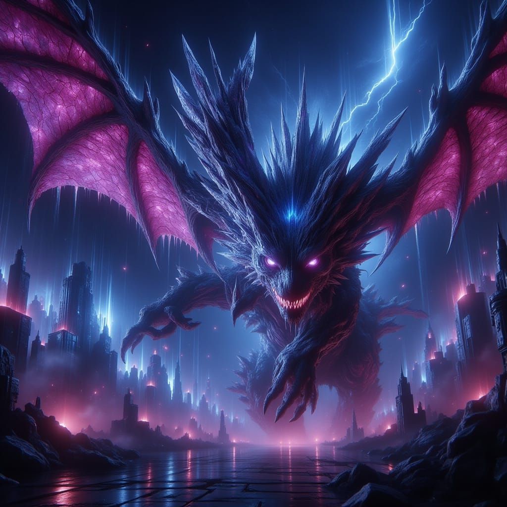 Synthwave Dragon in Neon Cityscape