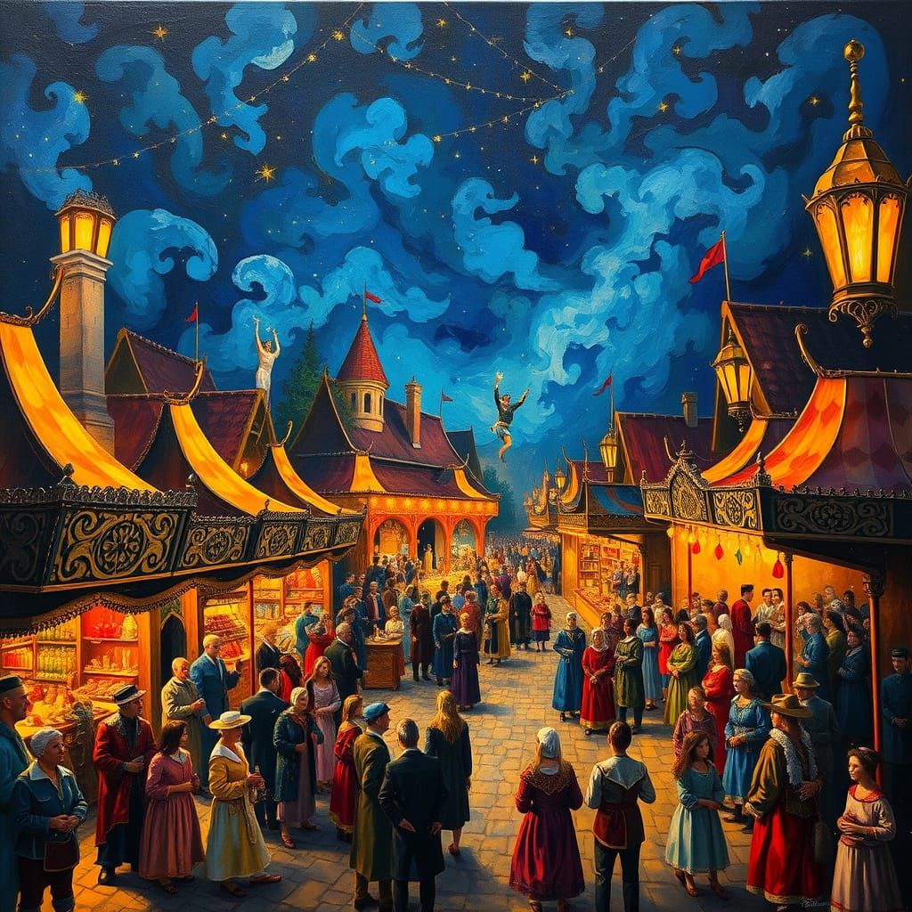 Medieval Night Fair in Vibrant Neo-Impressionist Style