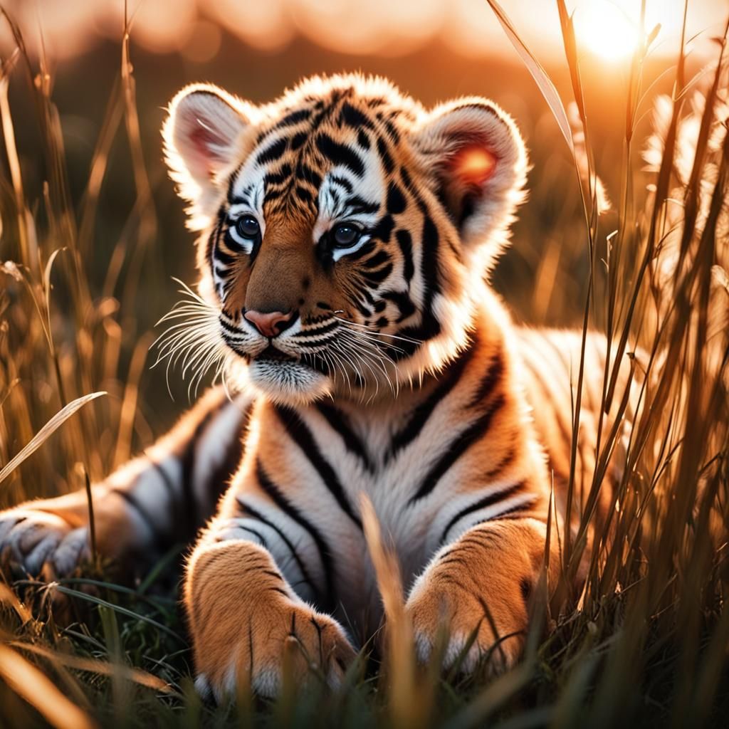 Cute Baby Tiger at Sunset in Tall Grass