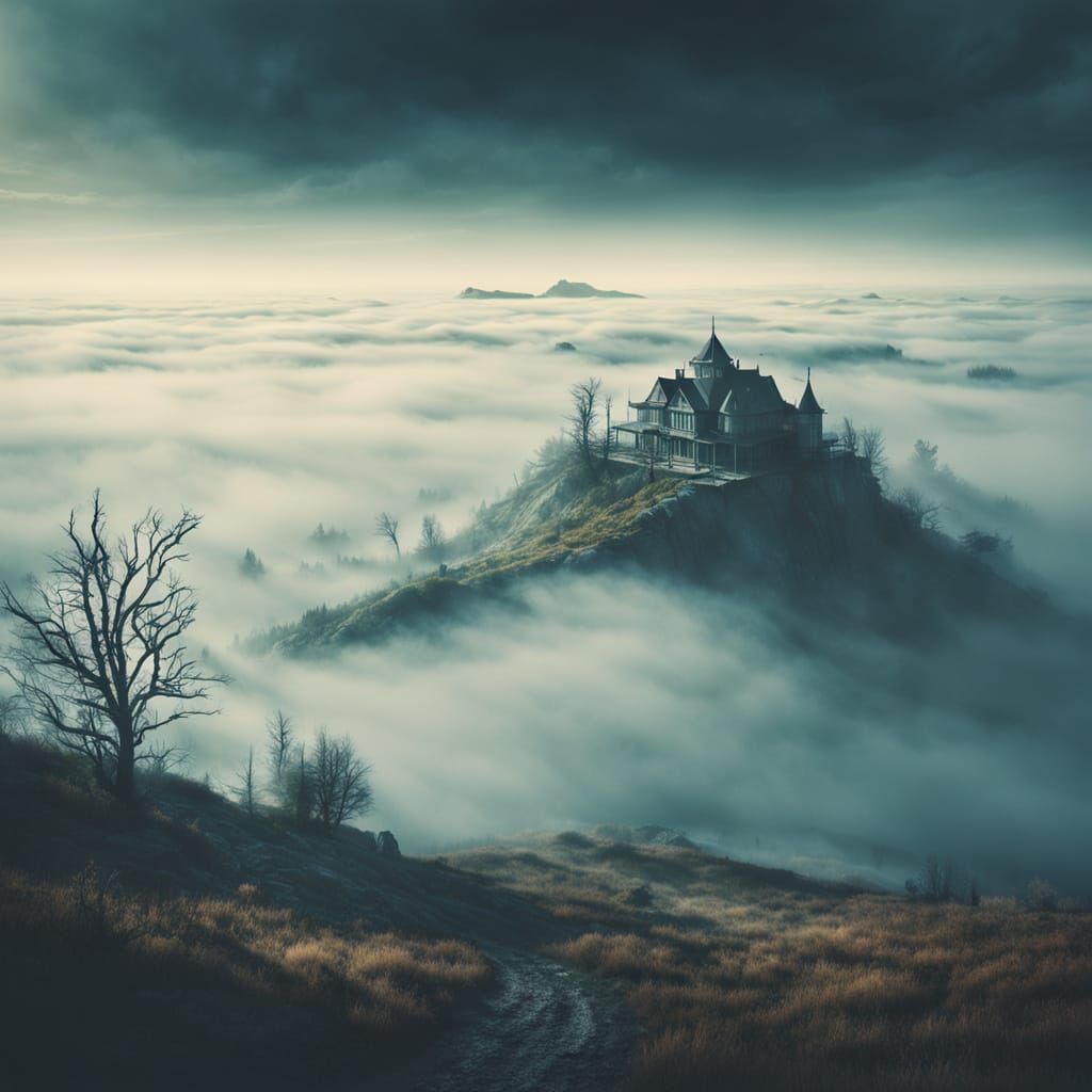 Surreal Foggy Landscape: Cinematic Film Still