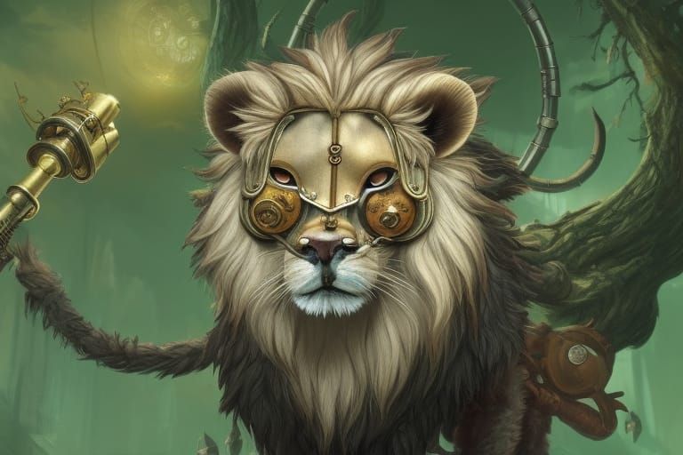 "the portrait of an adorable chibified steampunk lion, gorgeous wet doe-eyes, awwchang, Cedric Peyravernay, Karla Ortiz,...