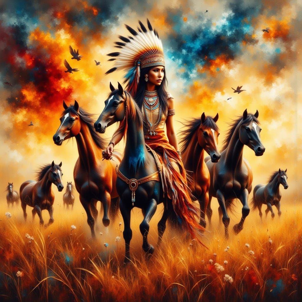 Indian Woman with Horses in Double Exposure Style