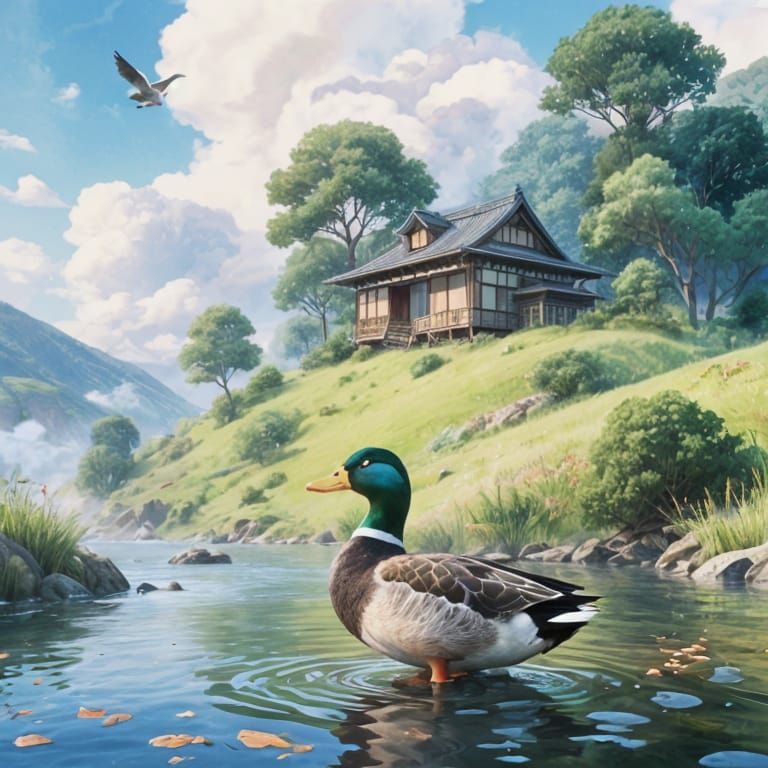 Serene Japanese Watercolor House and Duck on Hill