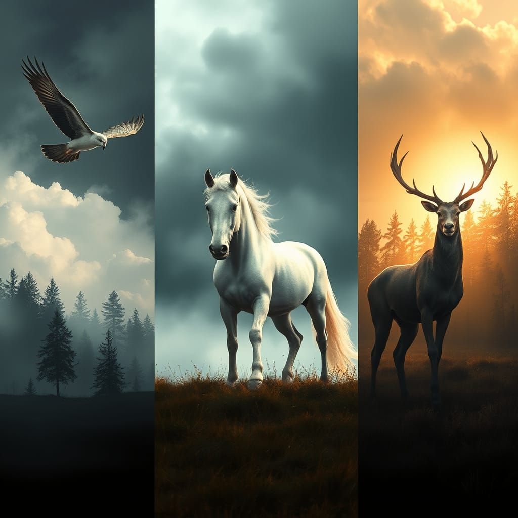 Sacred Animals of Baltic Mythology in Dark, Harsh Landscape