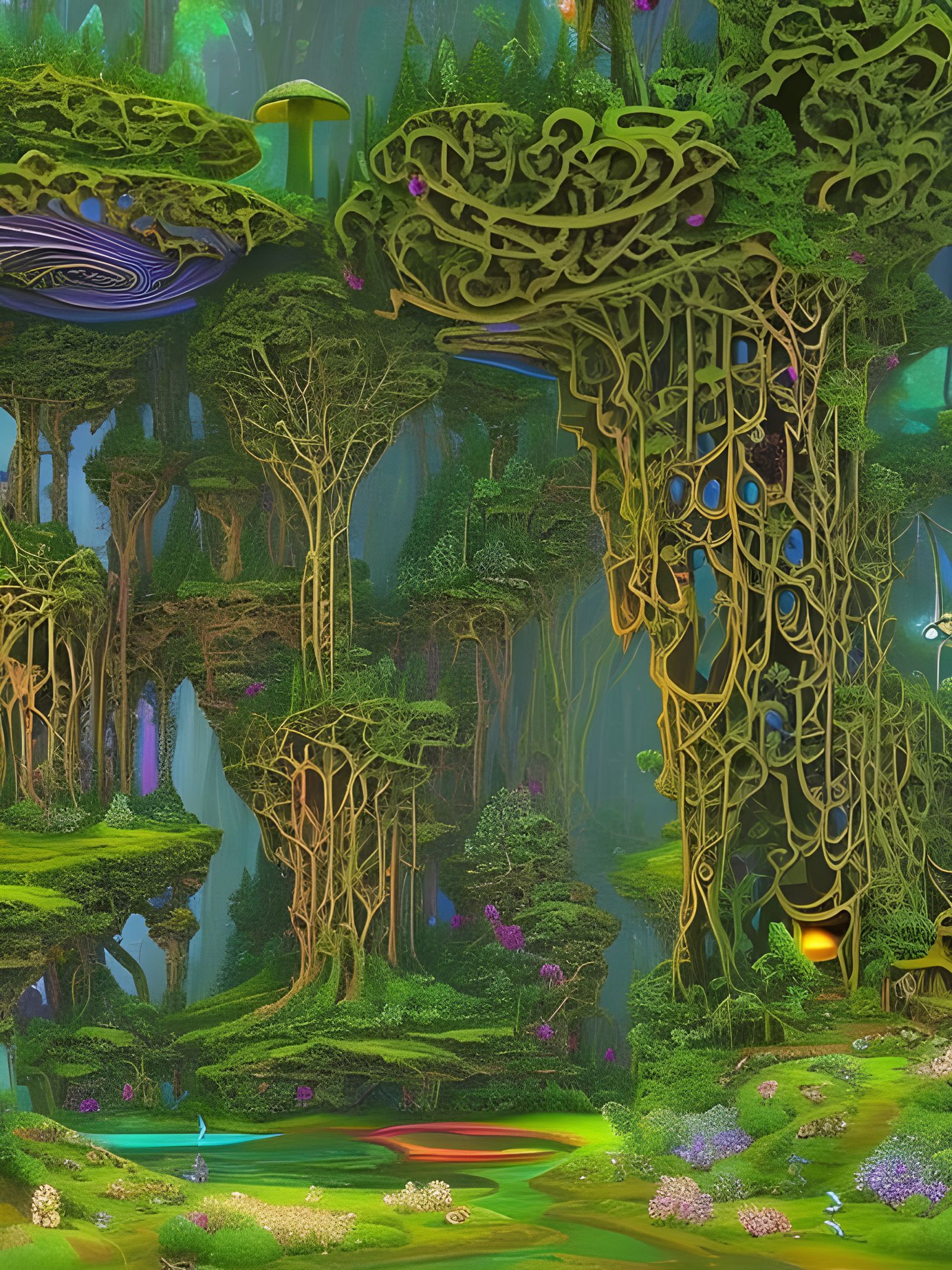 Elven Stronghold in Magical Neon Mushroom Forest