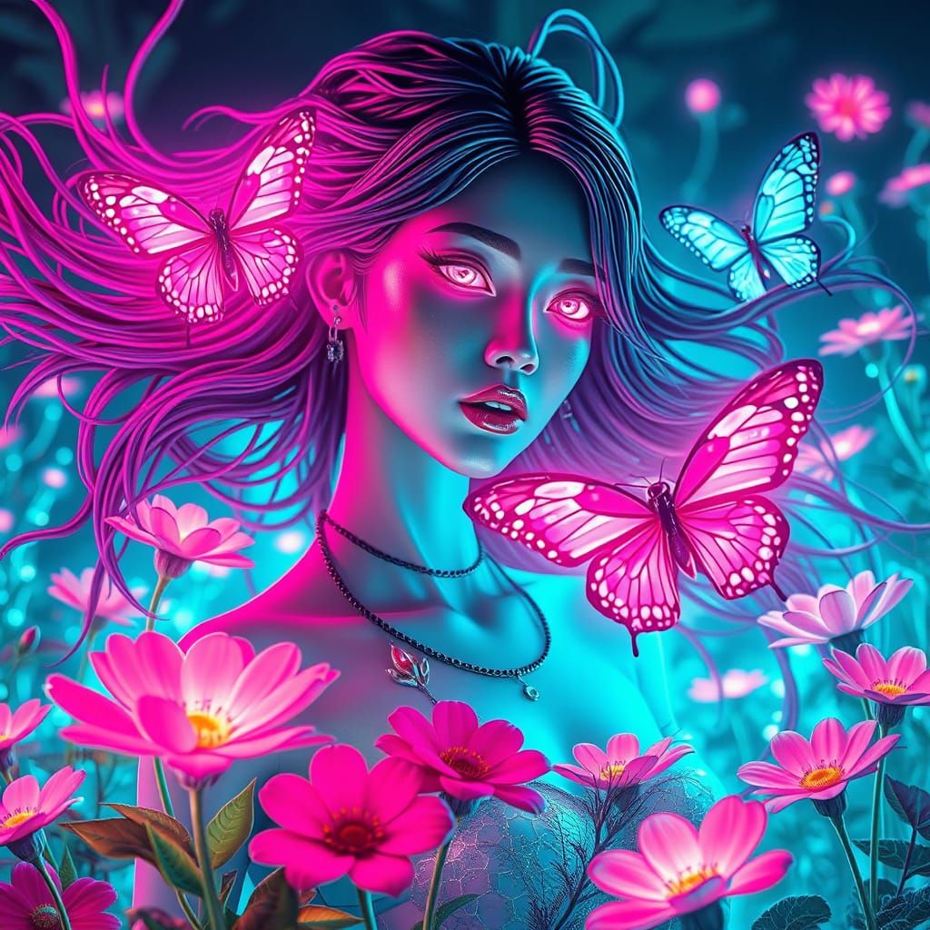 Cyberpunk Goddess Emerges in Neon Garden