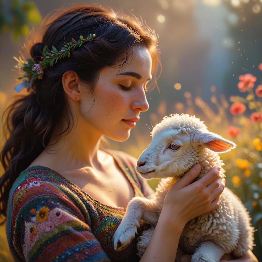 Vibrant Neo-Impressionist Mary and Her Lamb in Golden Light