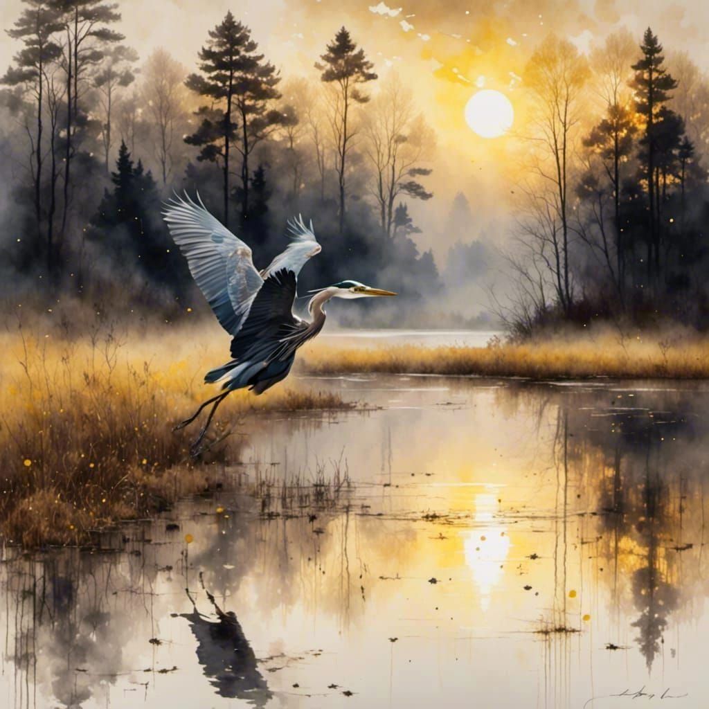 Heron's Flight: Dawn Over Misty Lake in Watercolor