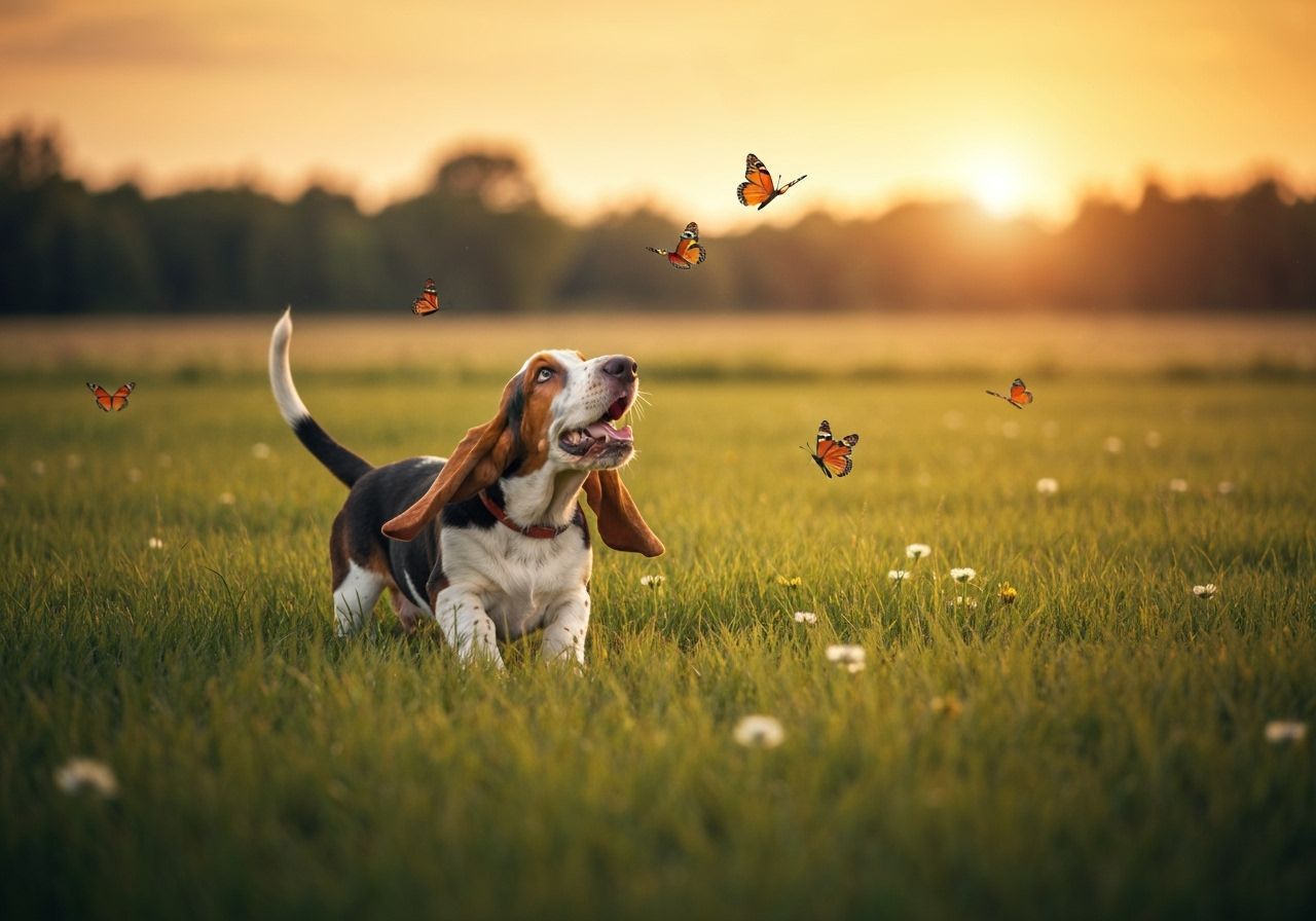 Basset Hound Puppy Chasing Butterflies in Golden Hour Light