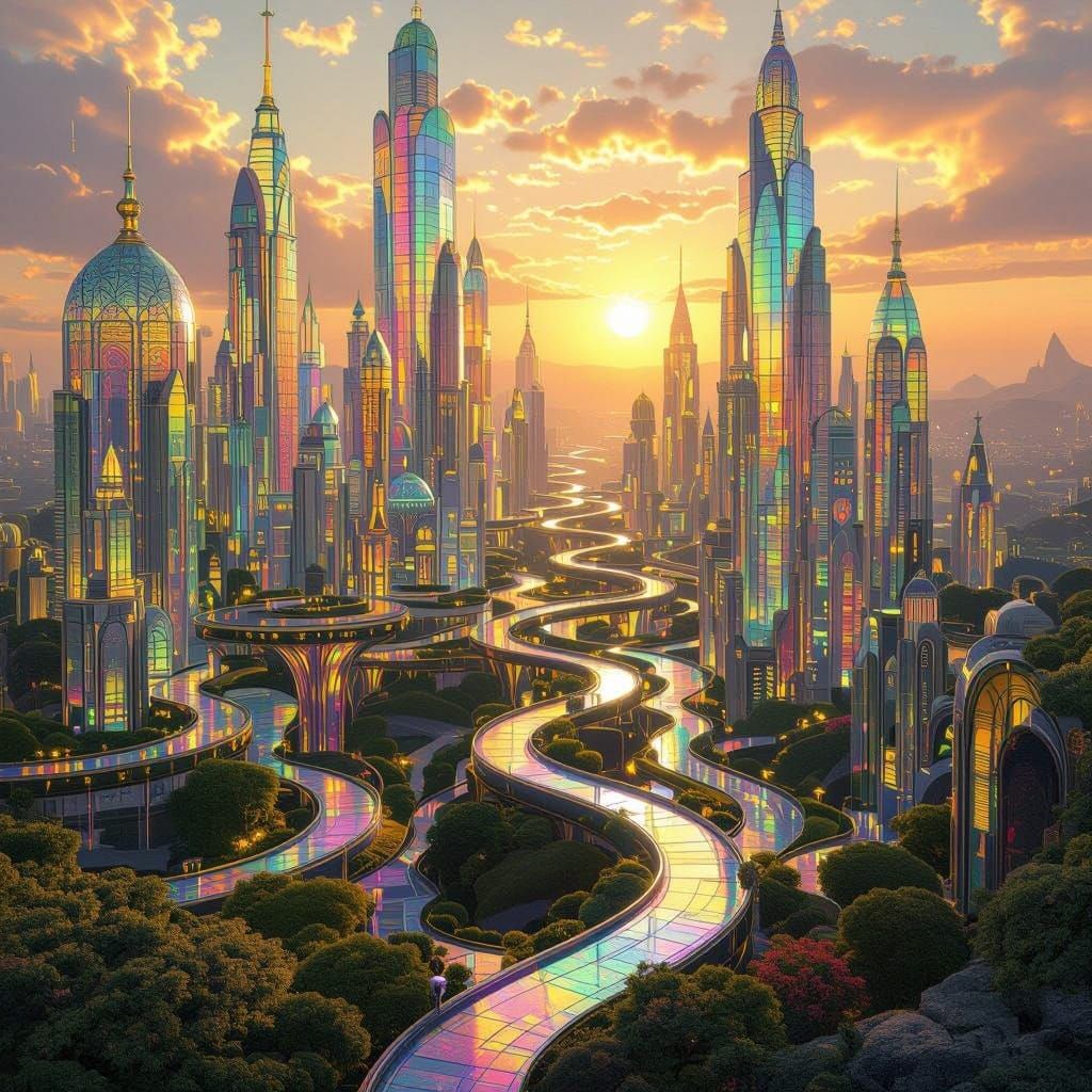 Hyper-Futuristic Cityscape in Iridescent Stained Glass