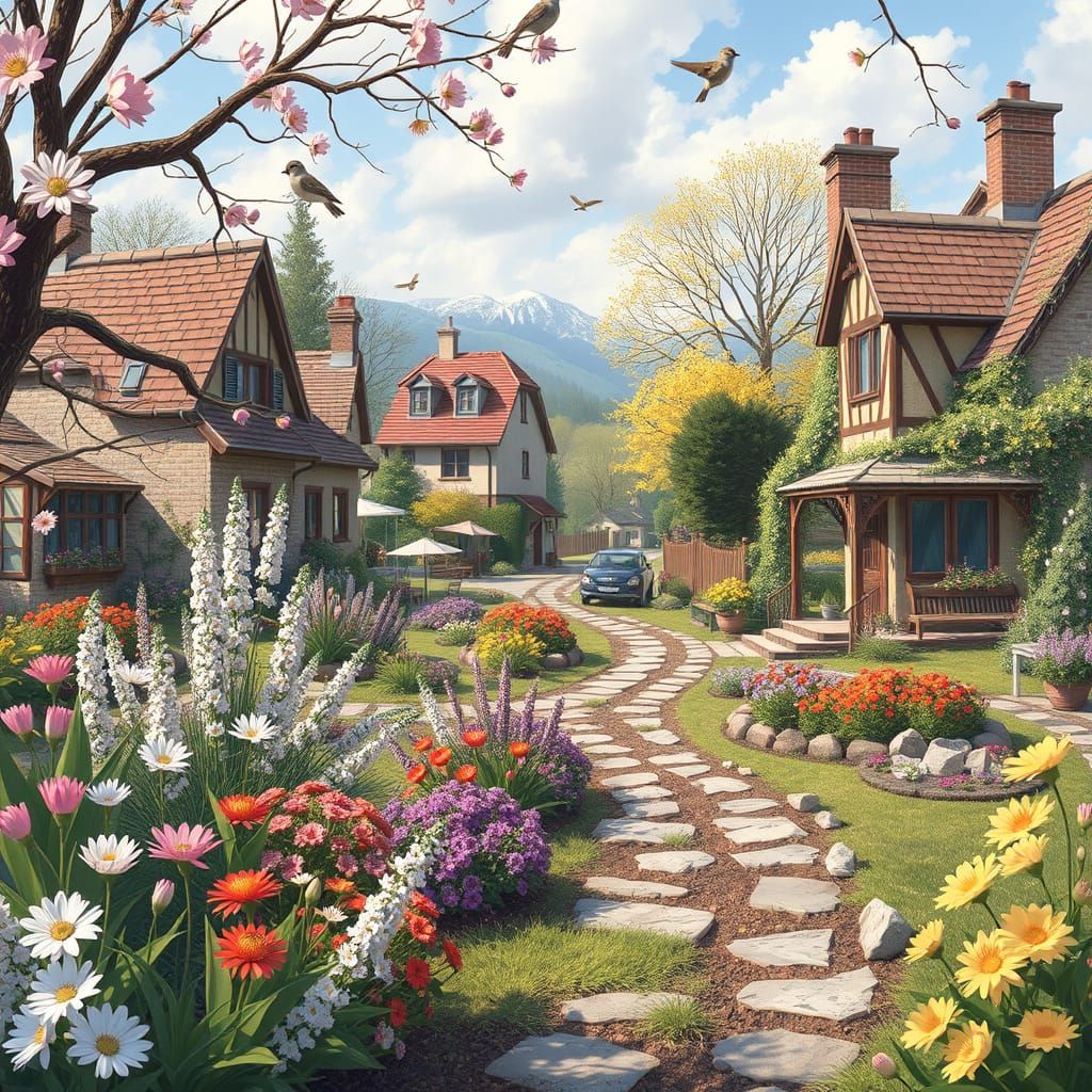Vibrant Spring Village in Whimsical Watercolor Style