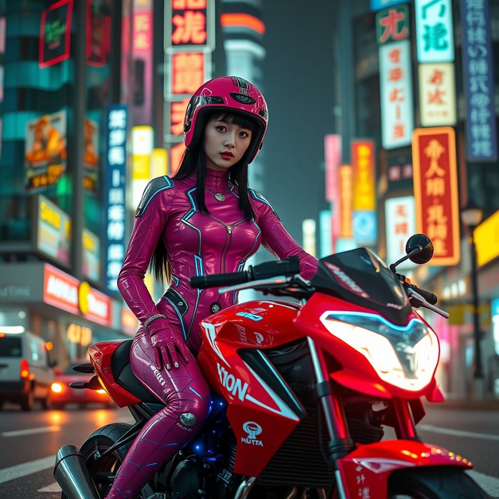 Cyberpunk Japanese Biker Girl in Dystopian City