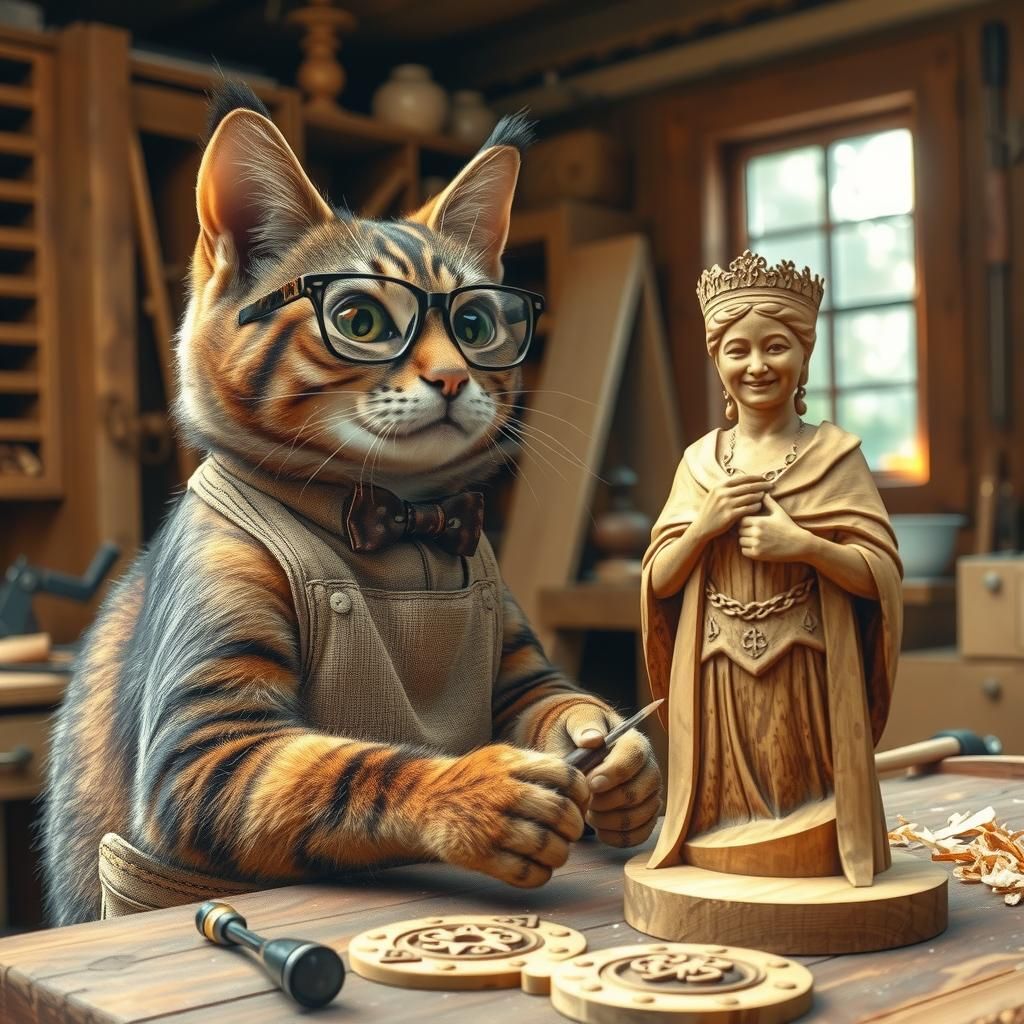 Hyperrealistic Cat Woodcarver Creates Queen Statue