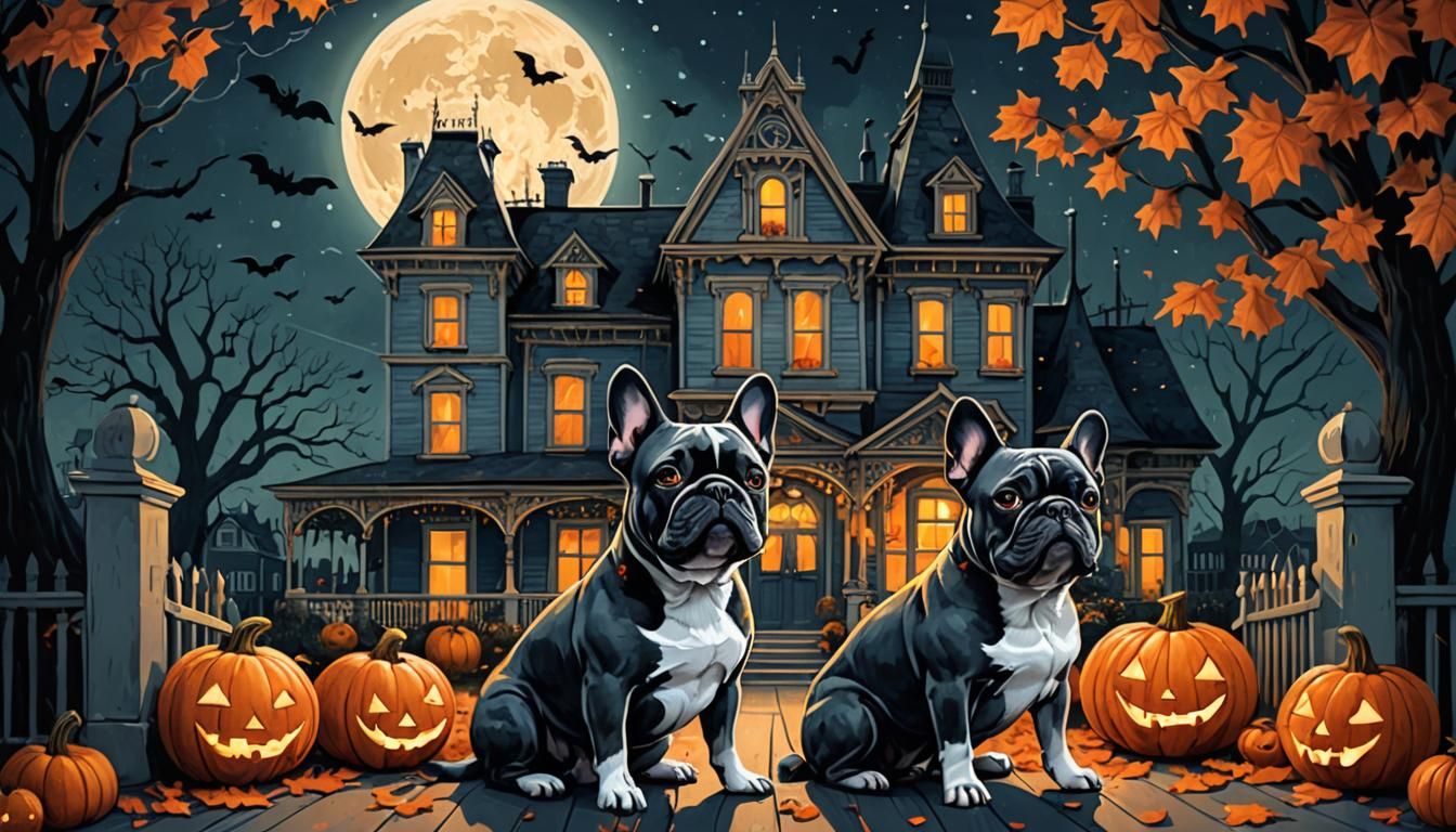 Whimsical Halloween Night Scene with French Bulldogs