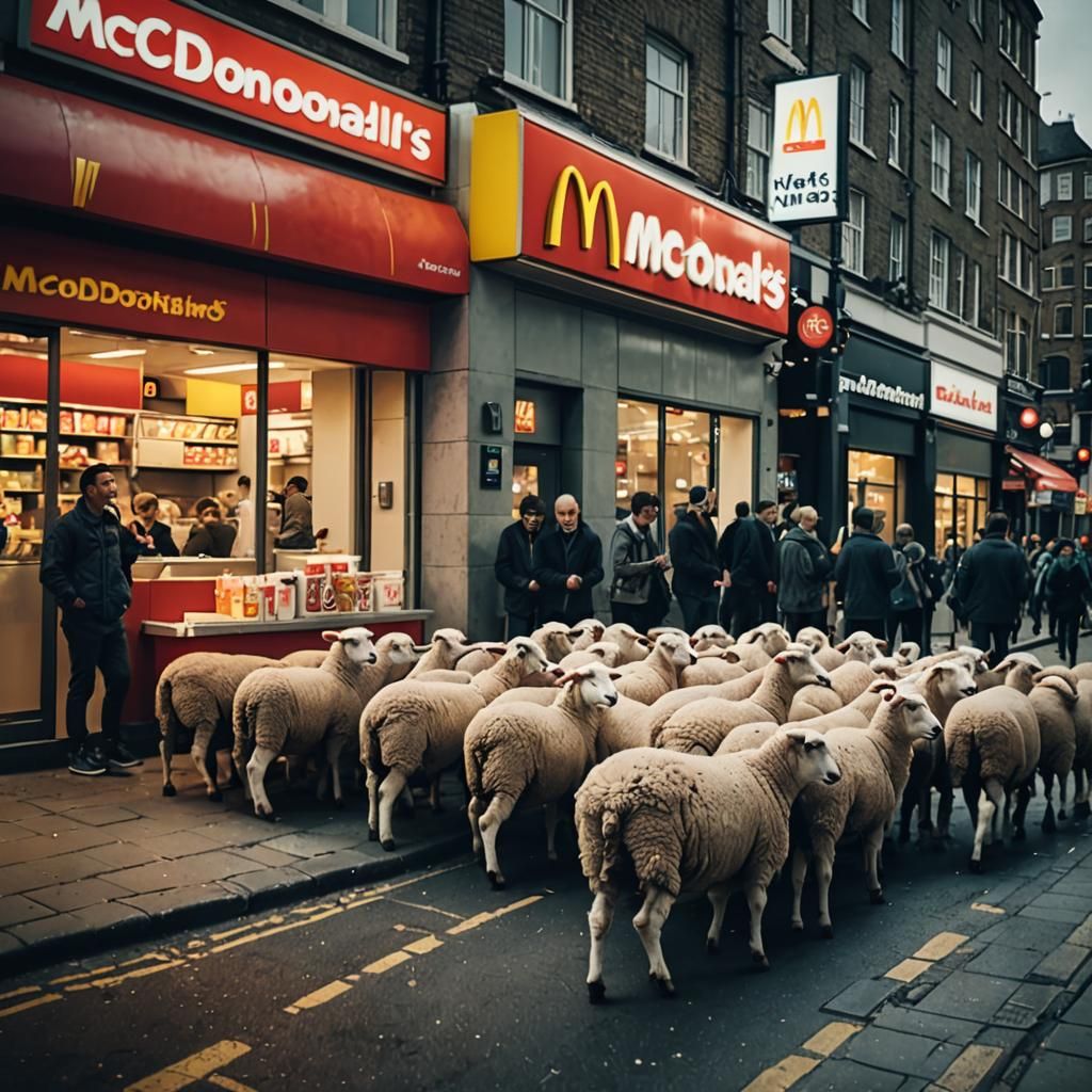 Sheep at McDonald's in London: Cinematic Film Still