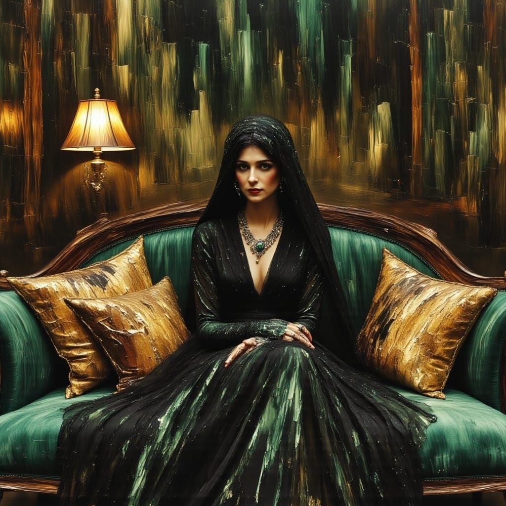 Regal Witch in Oil Painting Style on Velvet Sofa