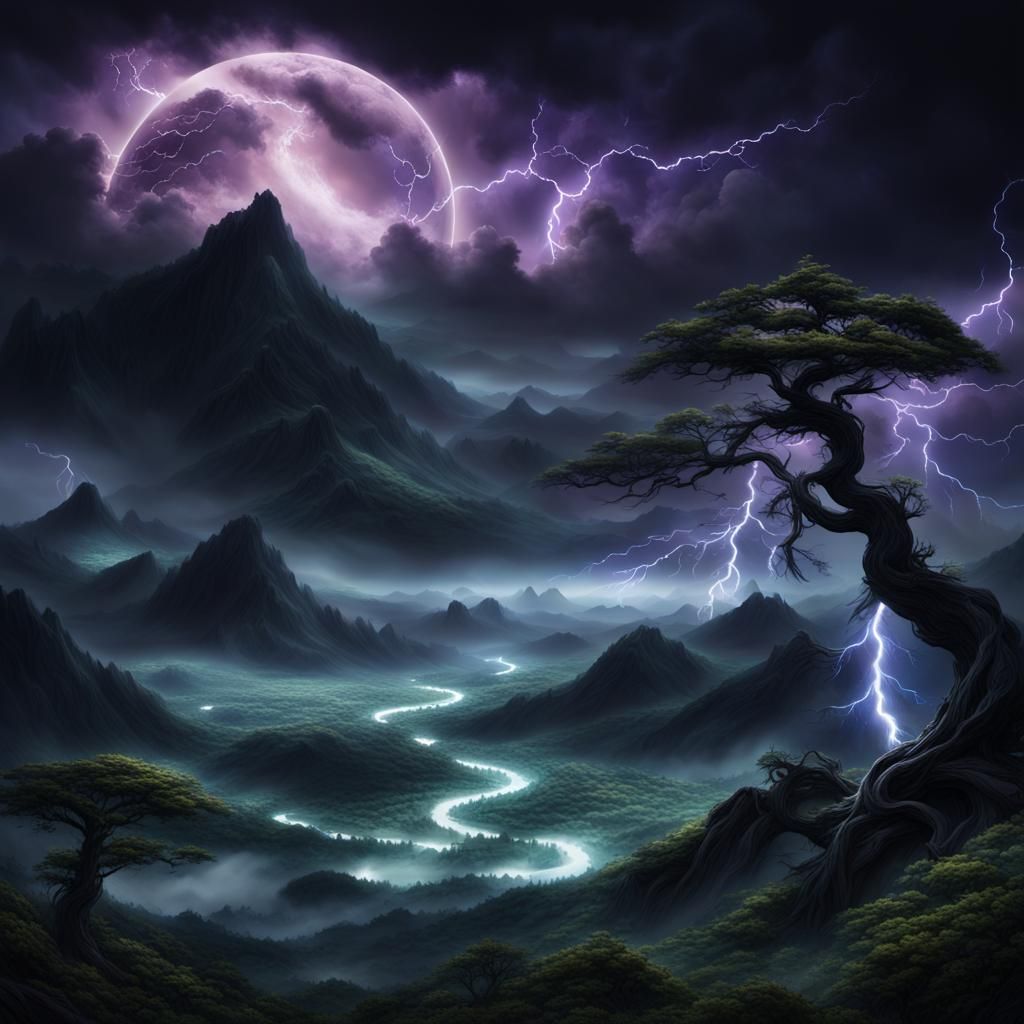 Black Moon Typhoon in a Dark Fantasy Landscape
