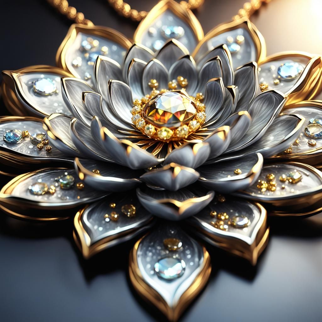 Silver Lotus Pendant with Diamonds and Navratna Gemstones