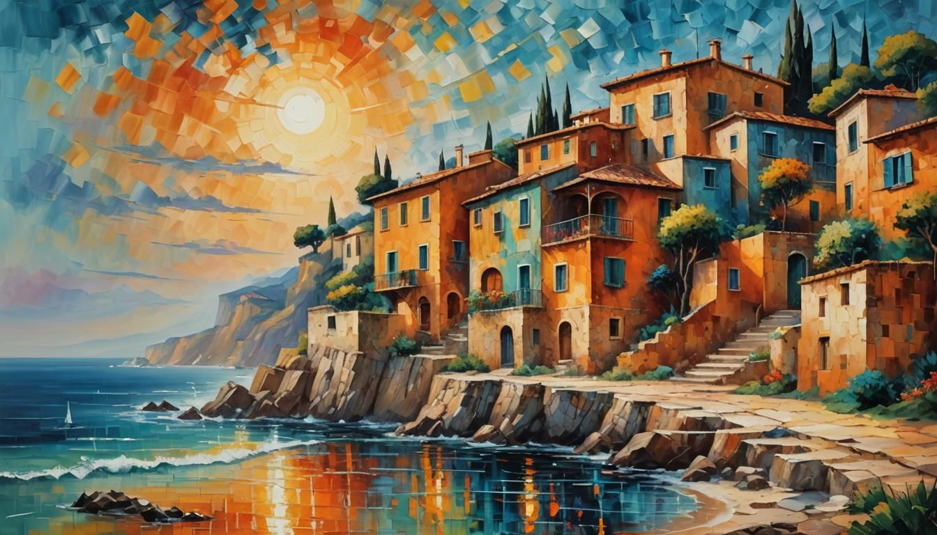 Italian Seaside House: Conceptual Impasto Art