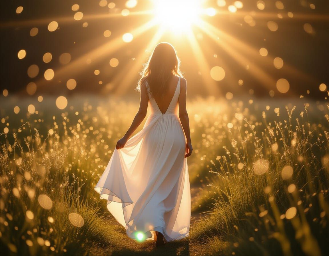 Ethereal Woman in White Dress with Lens Flare