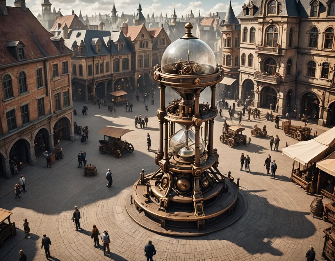 Steampunk Hourglass Towers Over City Square