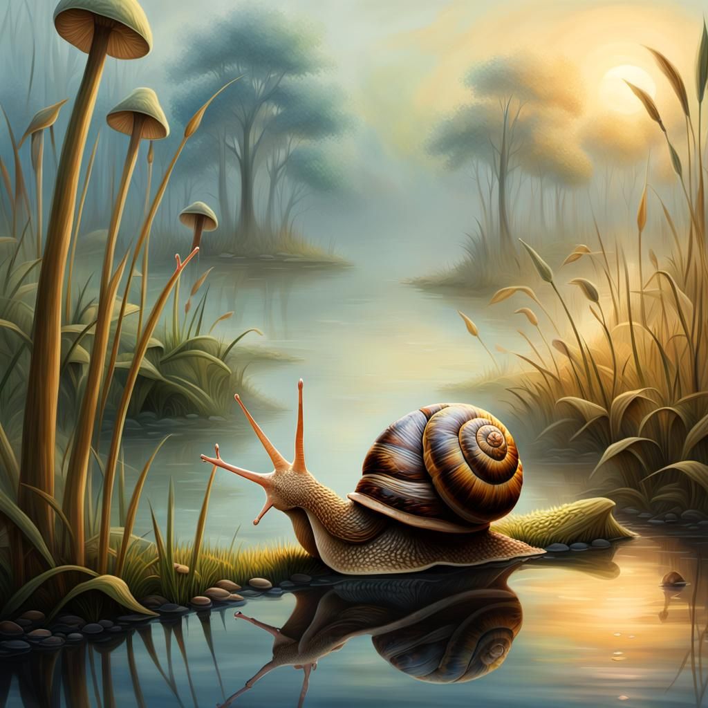 Misty Swamp Snail Climbing Mushroom as Oil Painting