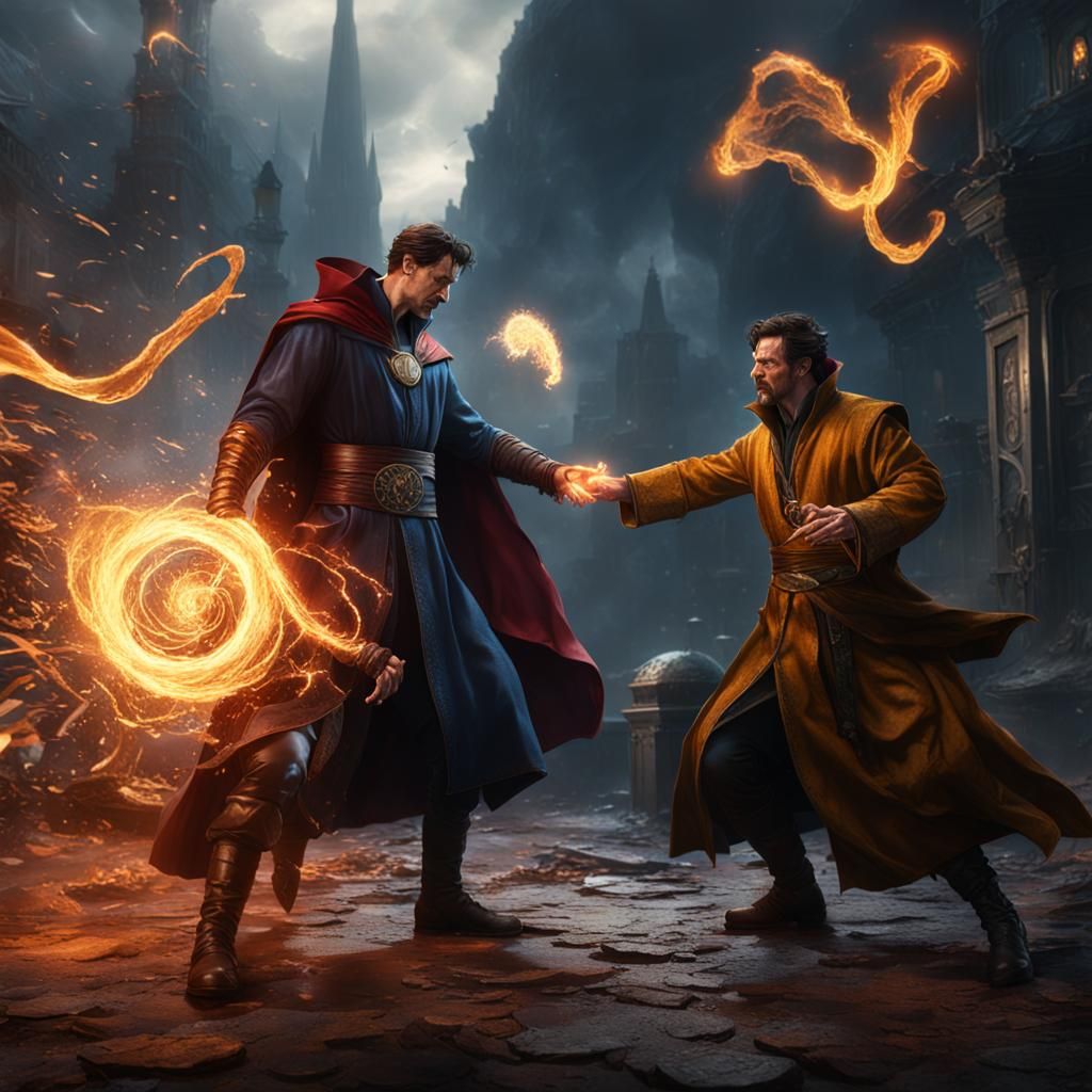 Harry Dresden and Dr. Strange standing fighting each other with magic