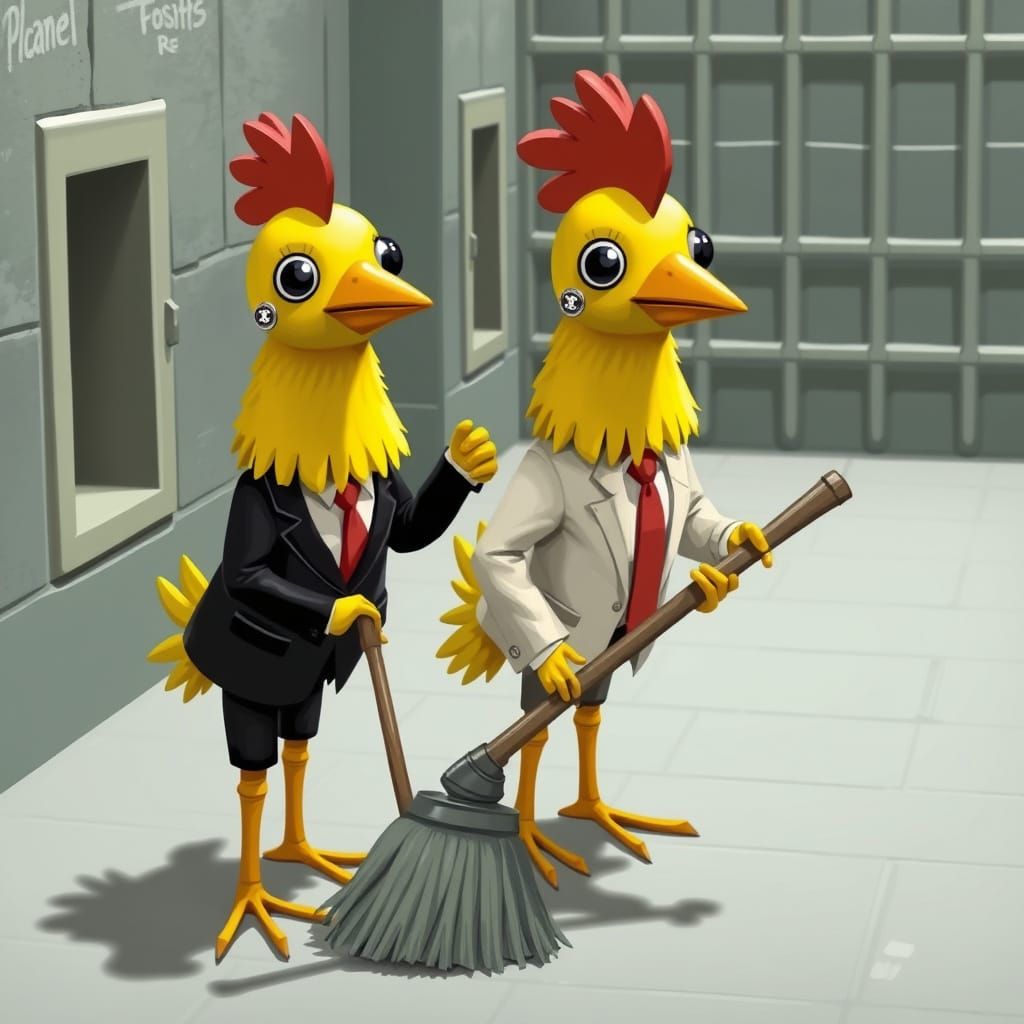 Two anthropomorphic cartoon yellow rubber chicken dolls wear...