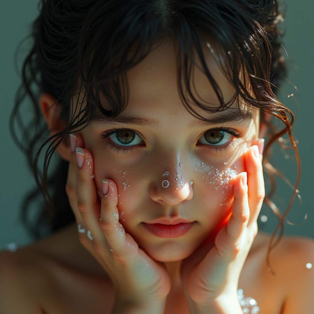 Ethereal Girl Cleansing Face in Dreamlike Light