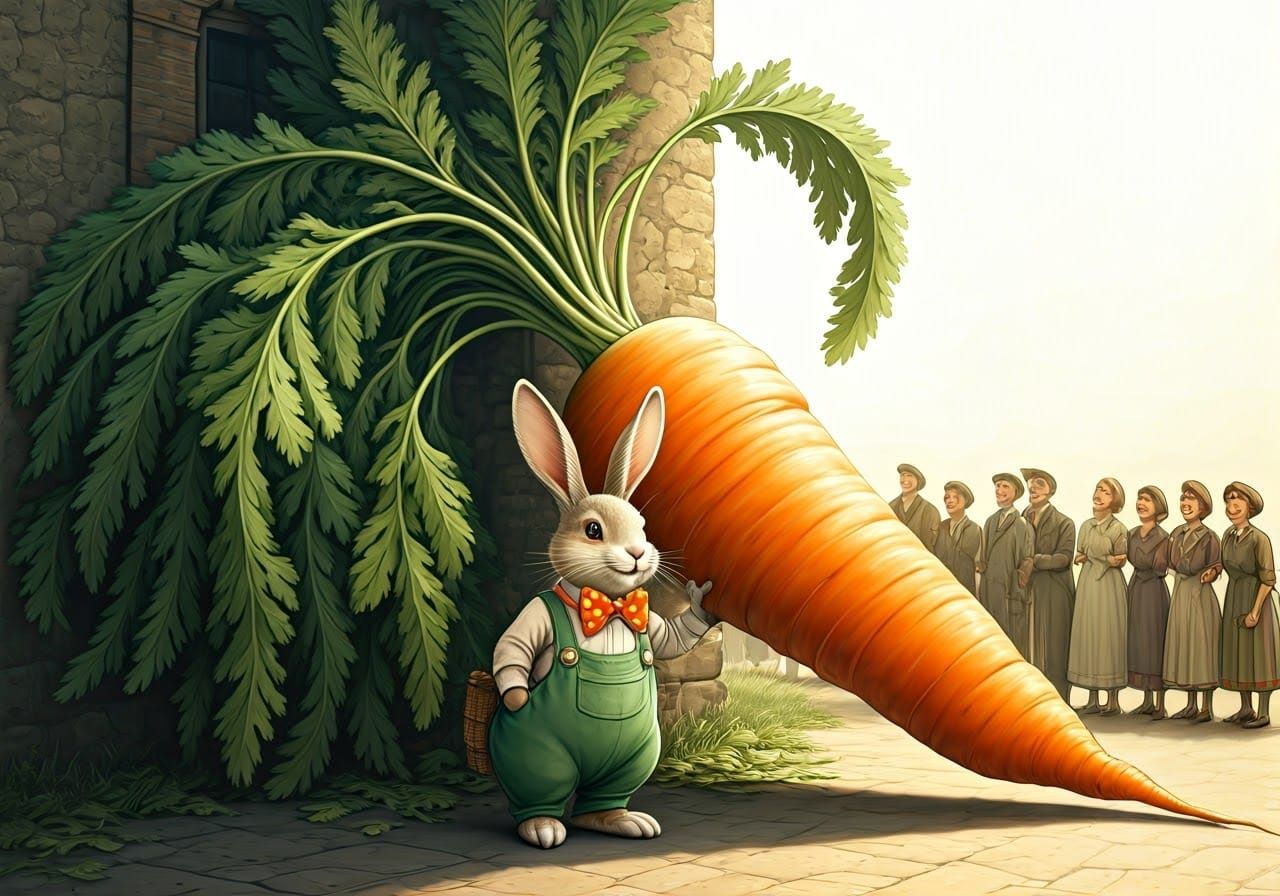 Joyful Rabbit Posing Next to Gargantuan Carrot