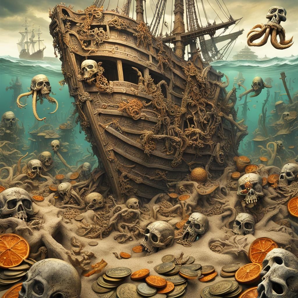 Sunken Spanish Galleon Shipwreck with Octopus, Detailed Matt...