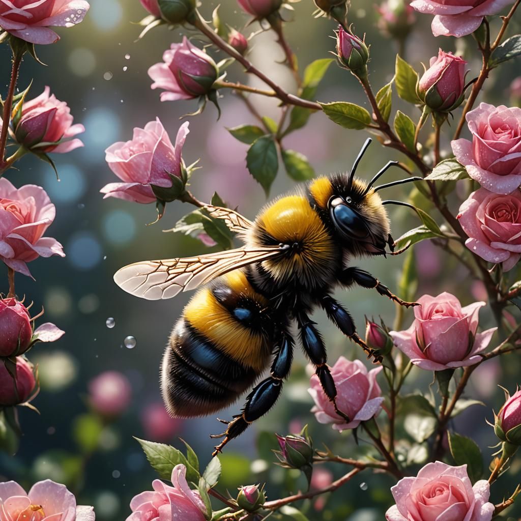 Bumblebee on Rose with Dew: Macro Photograph