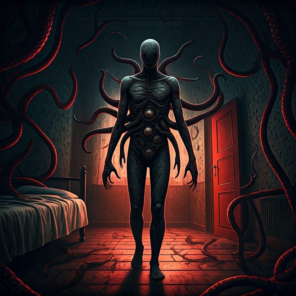 Grotesque Multi-Armed Creature in Dimly Lit Room