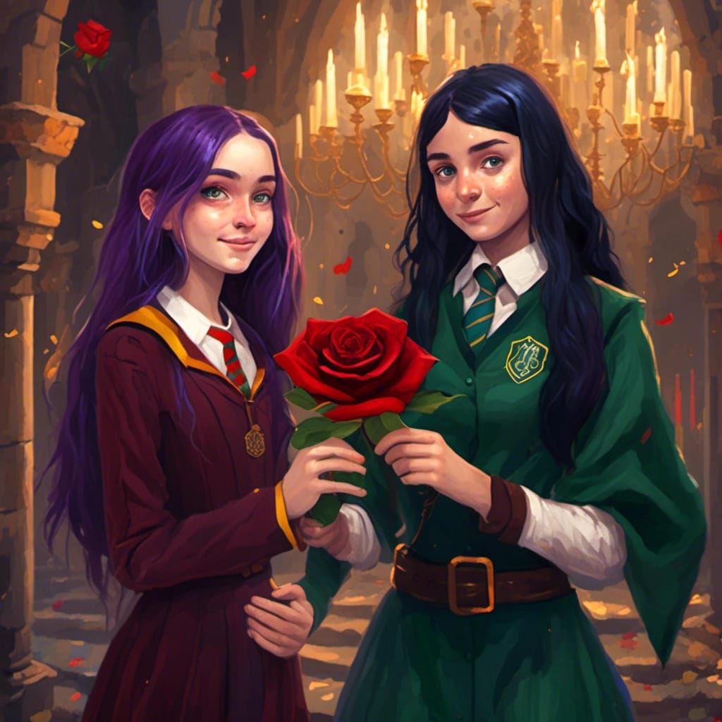 Teen Girl in Slytherin Uniform Holding Rose, Ghibli Style