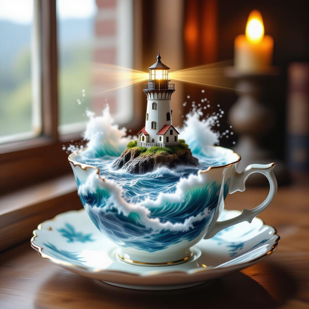 Stormy Sea in Teacup: Surreal Nautical Scene