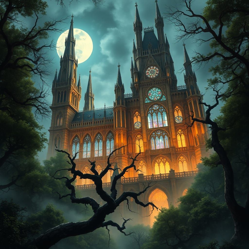 Mystical Castle in Forest Bathed in Moonlight