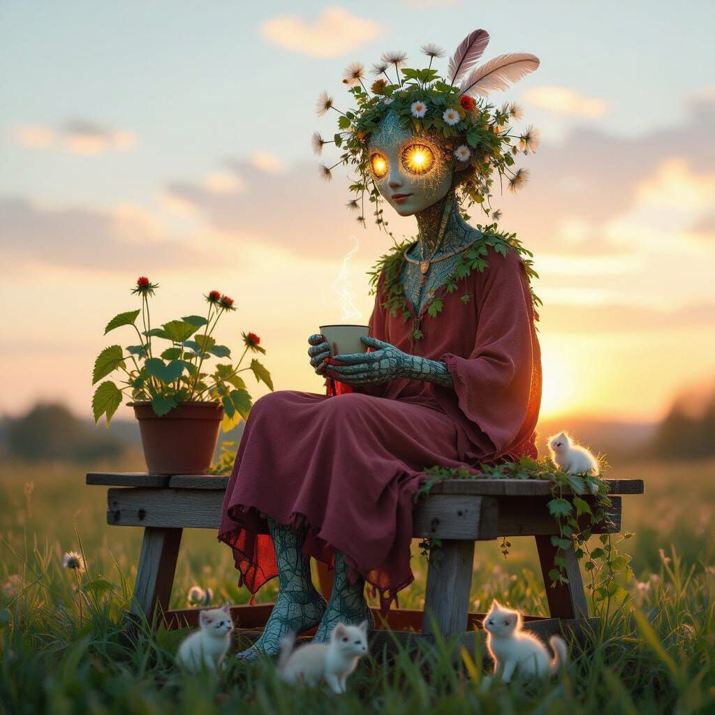 Garden Spirit with Kittens in Magical Realism Style