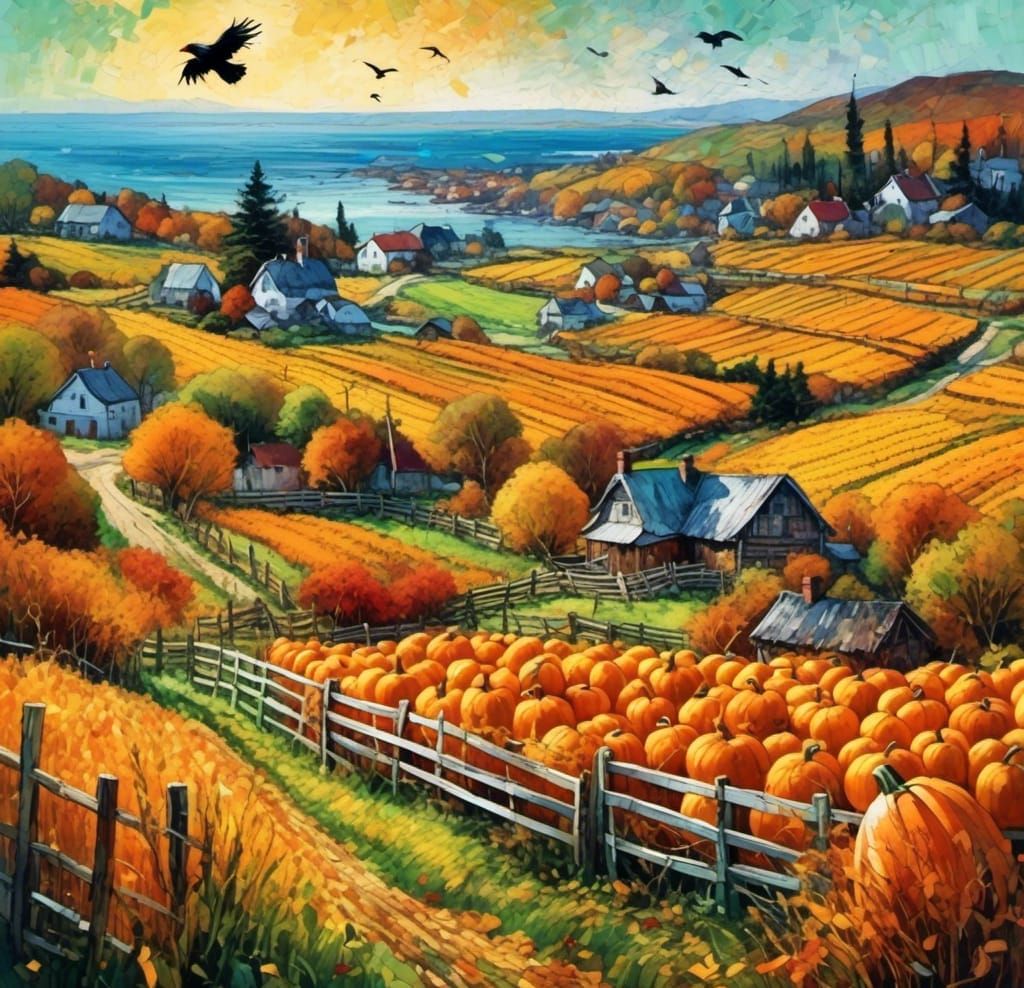 Autumnal Crows in New England, Kinkade Style