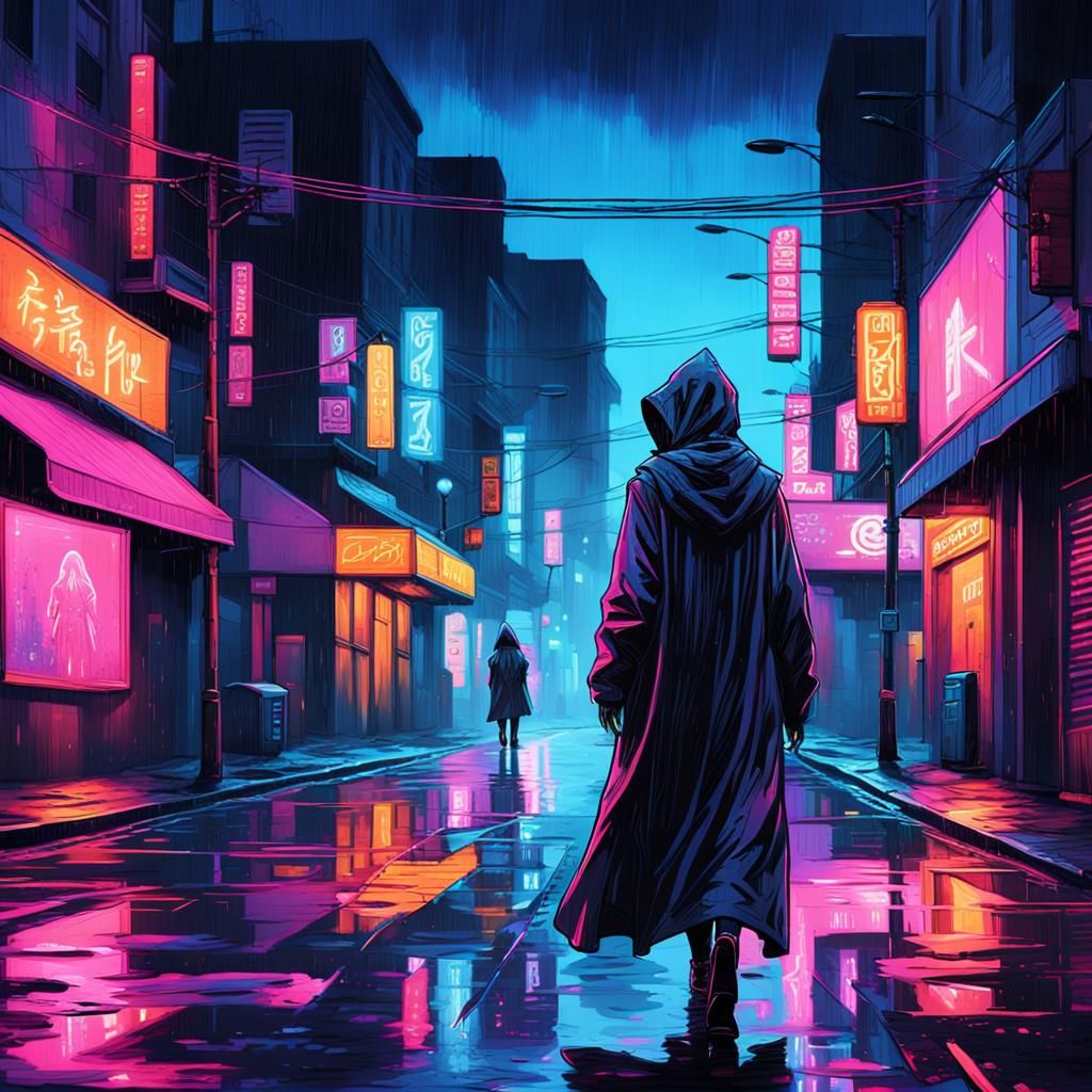 Neon-Lit Cyberpunk Figure in Rainy Cityscape