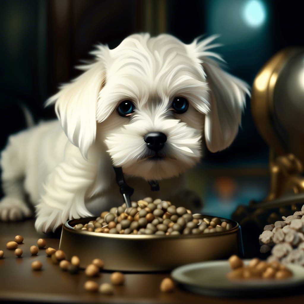 Maltese Puppy Eating Dog Food in HD