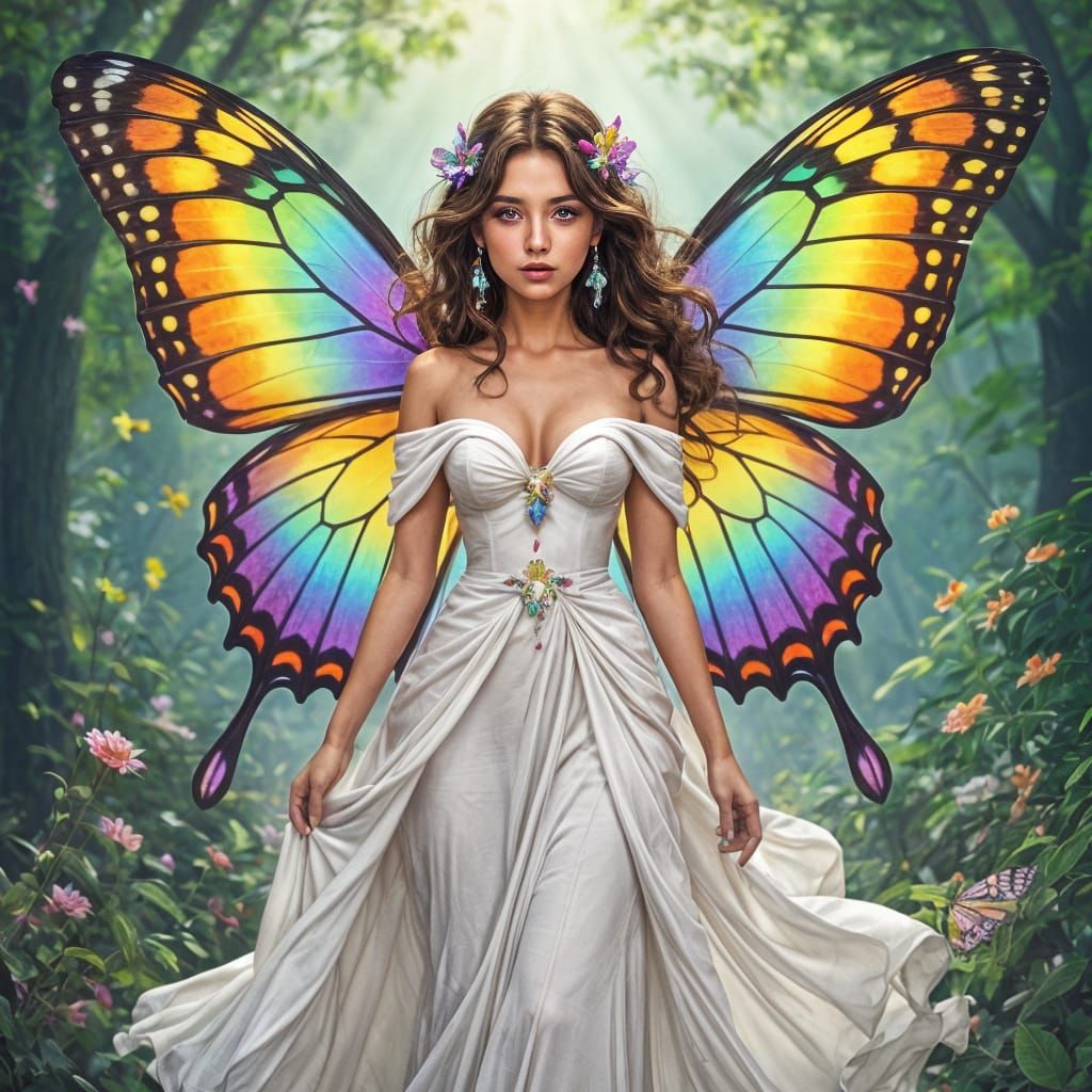 Rainbow Goddess with Butterfly Wings in Whimsical Style