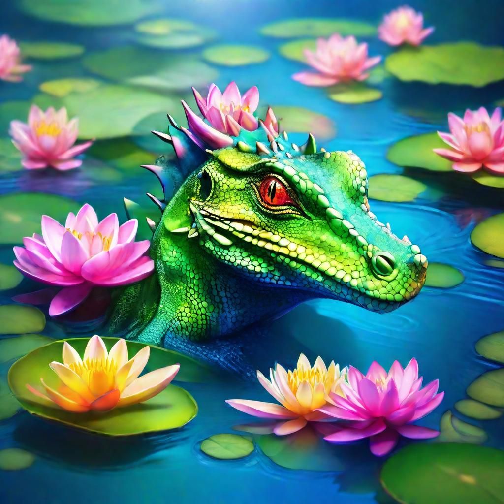 Cute Baby Water Dragon in Whimsical Pond Art