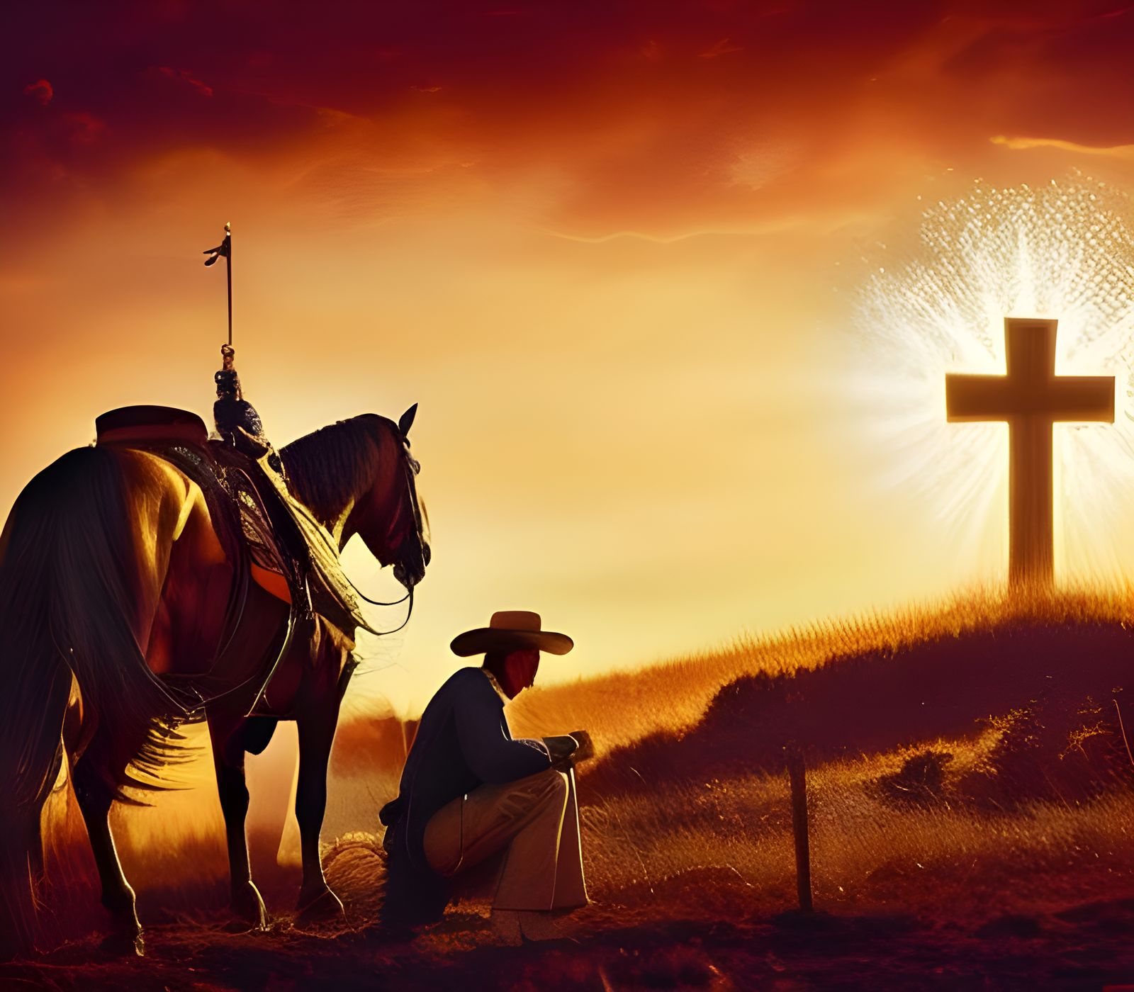 2047-LE-10 Beautiful Panorama of Cowboy kneeling Before Graveside Cross at sunset with his beautiful horse waiting - 877...