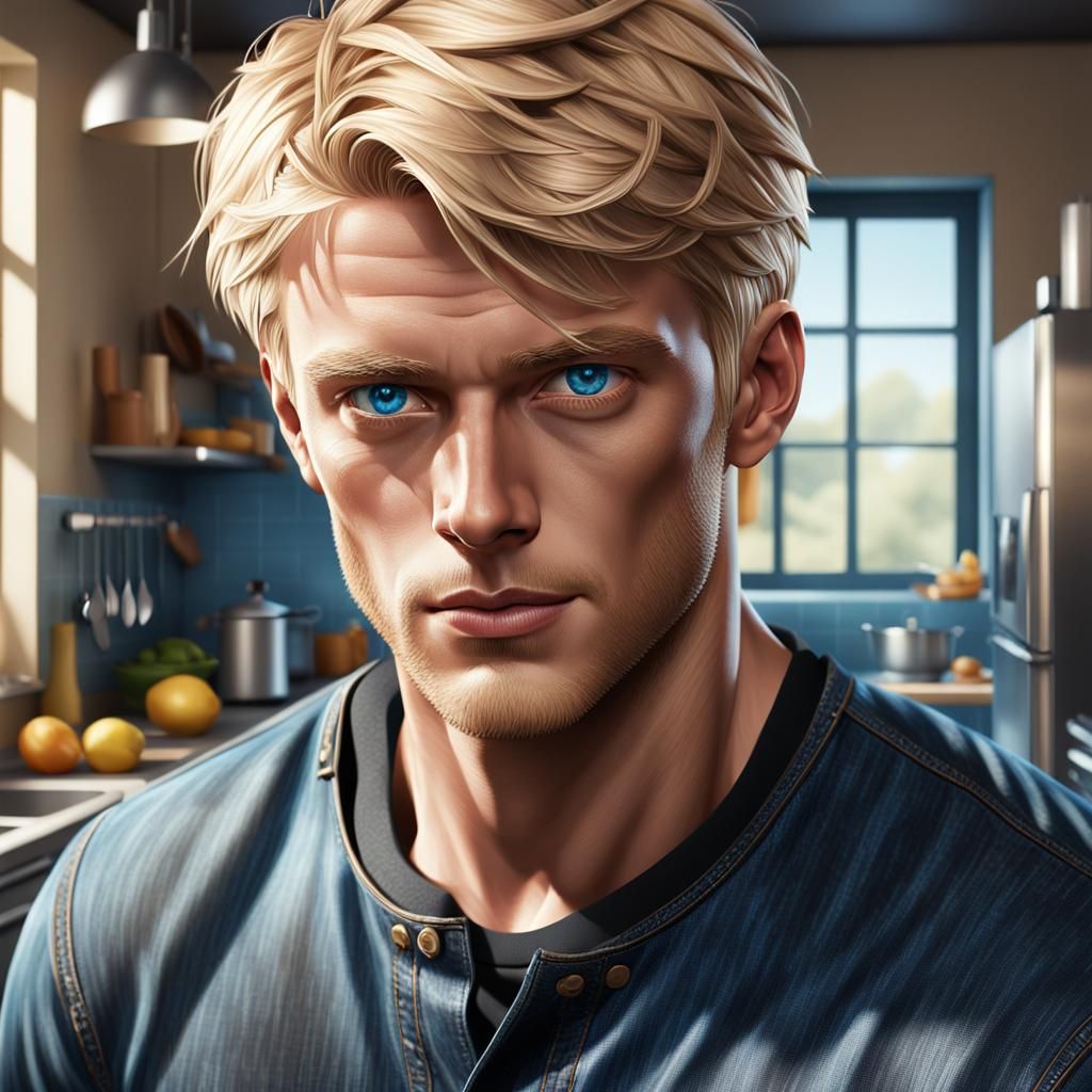Hyperrealistic Portrait of a Blond Man in Kitchen