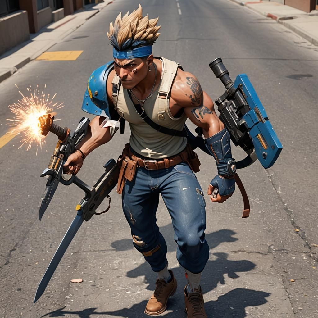 Dramatic Warrior with Axe and Gun