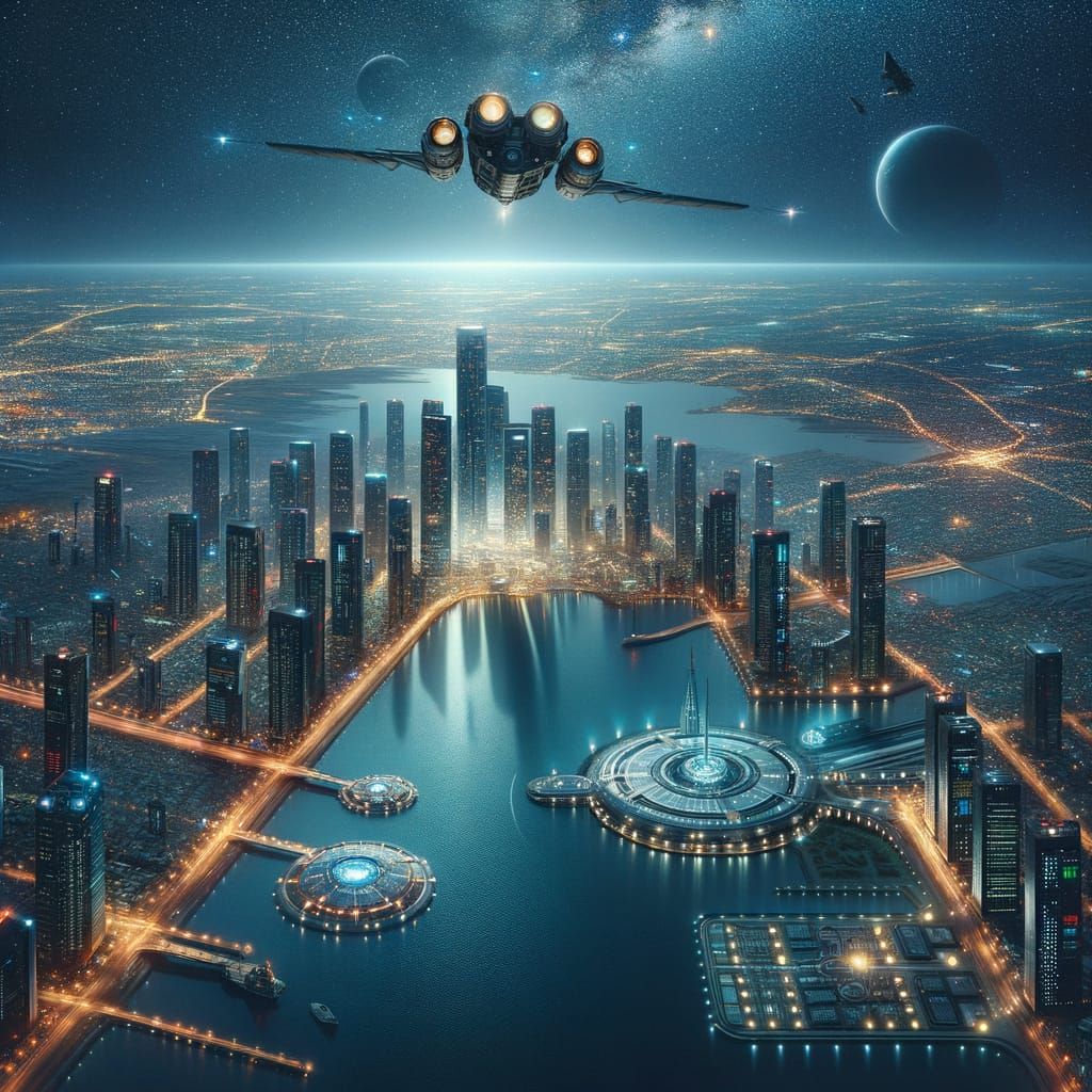 Surreal Starry Night Metropolis with Cosmic Elements in Vibr...